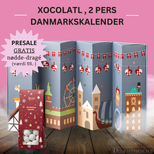PRESALE Julekalender – Danmarkskalender med blandet slik (til 2 pers) + GRATIS mandel-dragé
