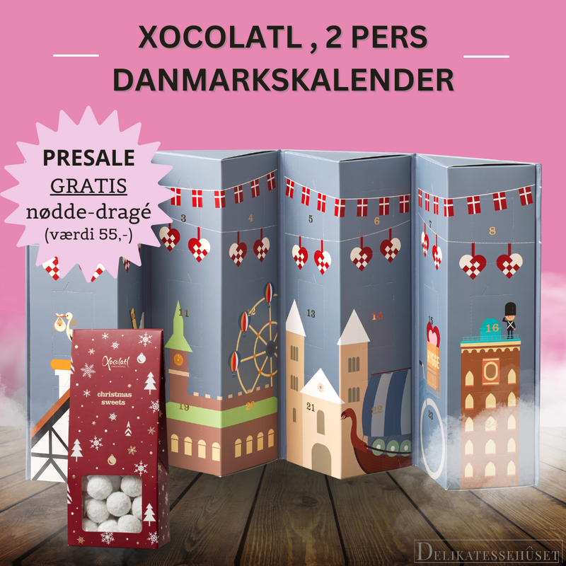 PRESALE Julekalender – Danmarkskalender med blandet slik (til 2 pers) + GRATIS mandel-dragé