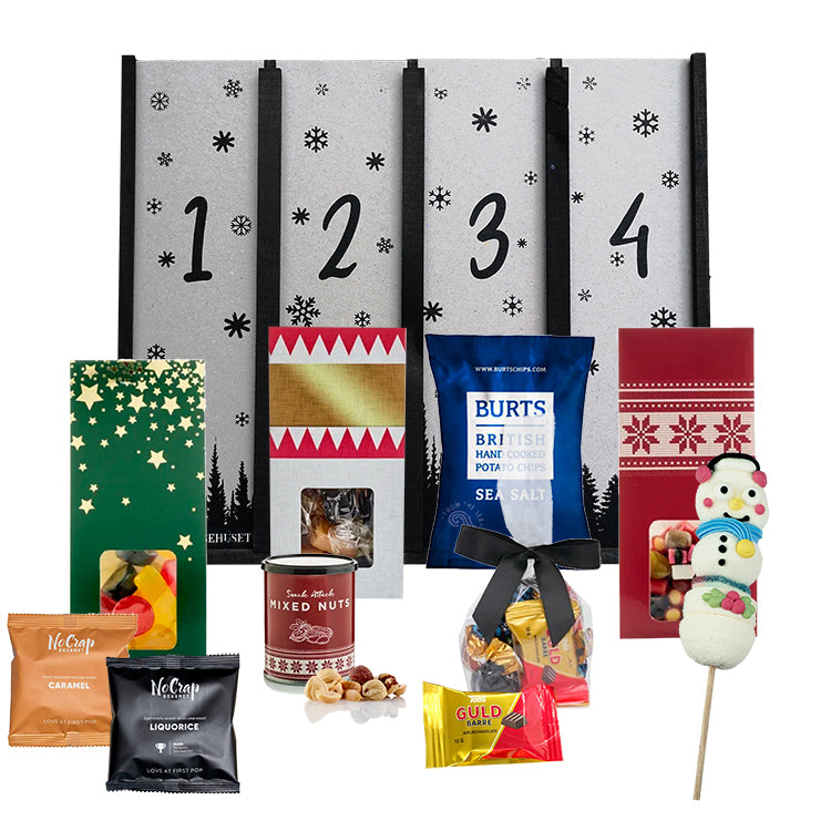 Adventskalender til børn. Flot pakkekalender adventskalender til børn med slik, chokolade og lækkerier