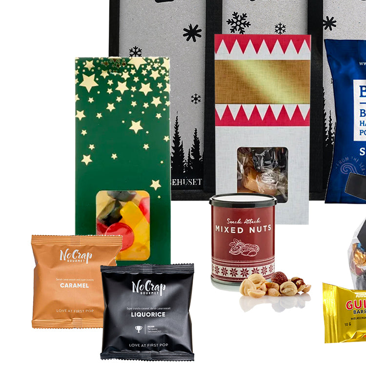 Adventskalender til børn. Flot pakkekalender adventskalender til børn med slik, chokolade og lækkerier
