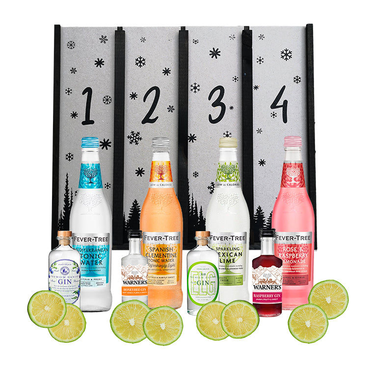 Adventskalender med gin og tonic. Flotte adventskasser i træ med fire forskellige slags gin og tonic, samt limeskiver
