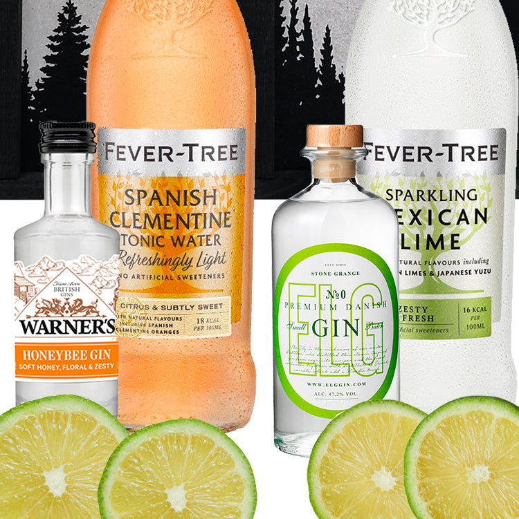 Adventskalender med gin og tonic. Flotte adventskasser i træ med fire forskellige slags gin og tonic, samt limeskiver