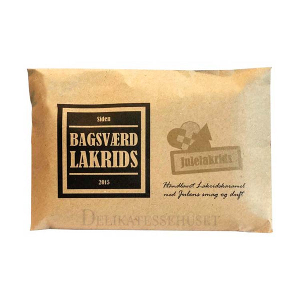 Brun papirpakke med julelakrids fra Bagsværd Lakrids 