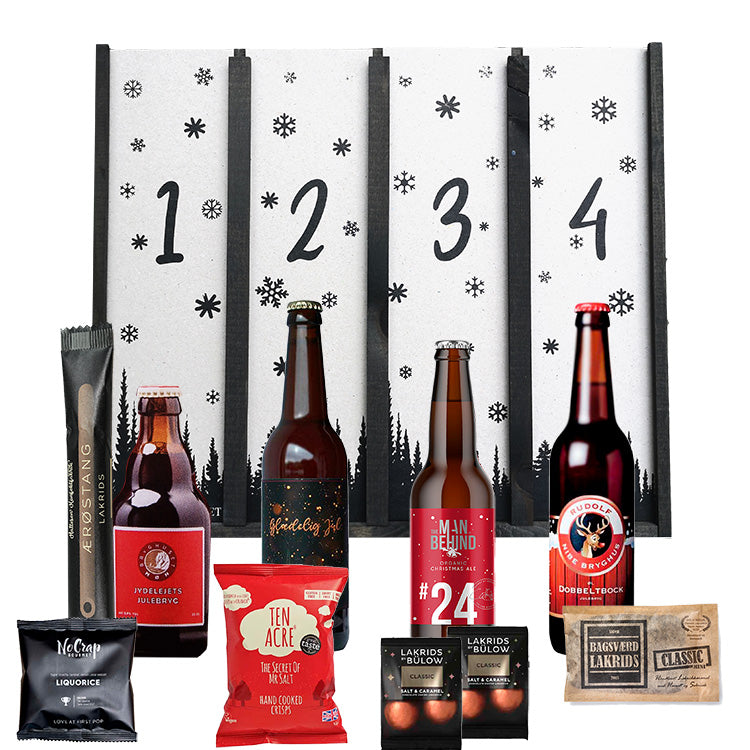 Adventskalender med fire danske juleøl. Blandt andet er der øl fra Grauballe Bryghus, Skagen Bryghus, Nibe Bryghus og Delikatessehusets egen variant