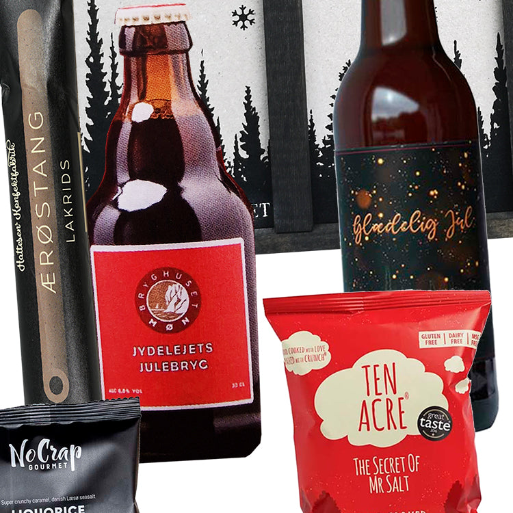 Adventskalender med fire danske juleøl. Blandt andet er der øl fra Grauballe Bryghus, Skagen Bryghus, Nibe Bryghus og Delikatessehusets egen variant