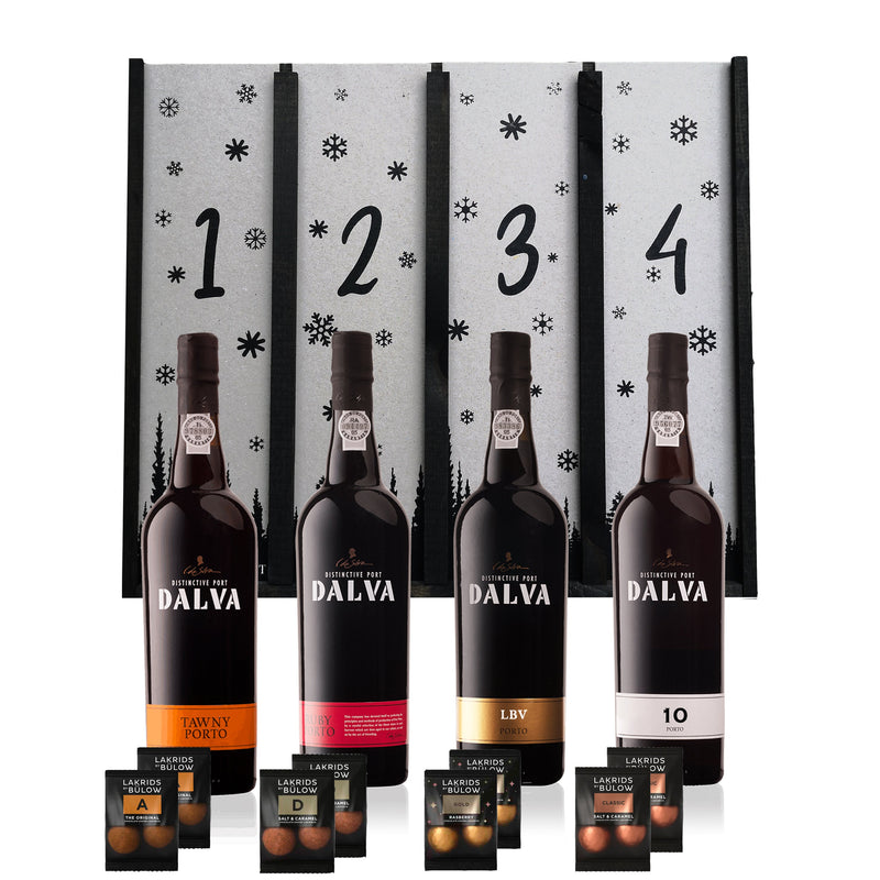 Adventskalender med fire flasker portvin fra Dalva. Du får en Davle Tawny, En Dalva Ruby, en LBV og en 10-års portvin. Derudover gemmer sig også lækre chokolader fra Lakrids by Bülow