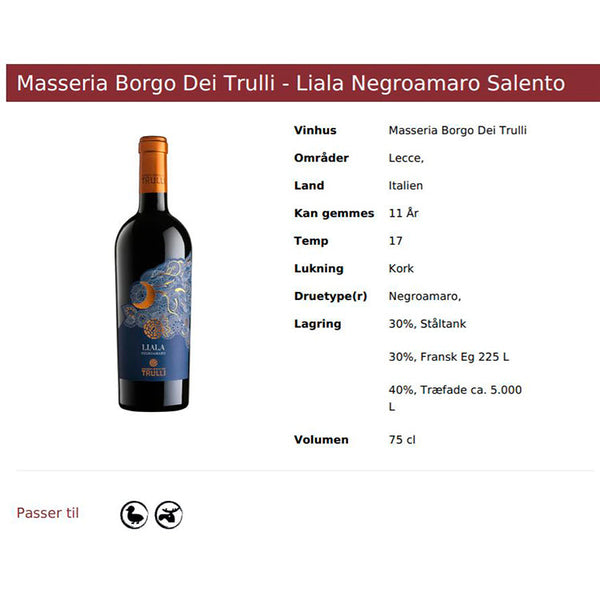 Rødvin, Masserie Borgo dei Trulli - Liala Negroamaro Salento (Italien)
