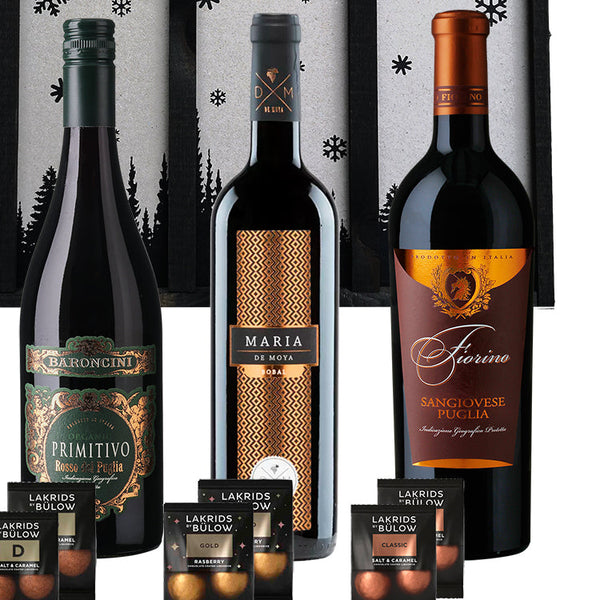 Adventskalender med fire flasker luksus rødvin fra bl.a. italien, spanien. Fantastisk storslået rødvin til alle adventssøndage