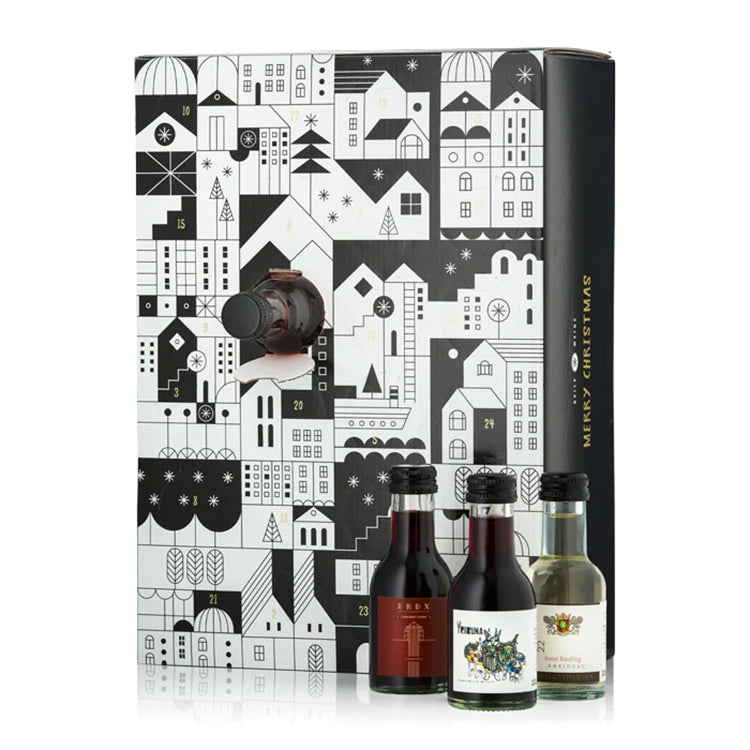 Vinjulekalender. Smuk og elegant vin julekalender med små junior flasker af rødvin, hvidvin og rosévin.