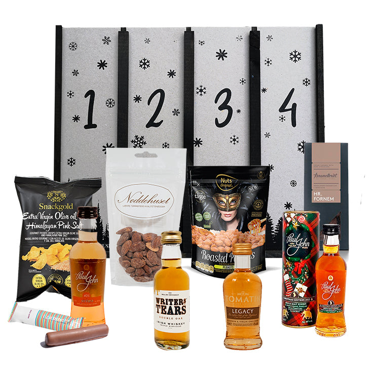 Adventskalender med whisky og snacks. 