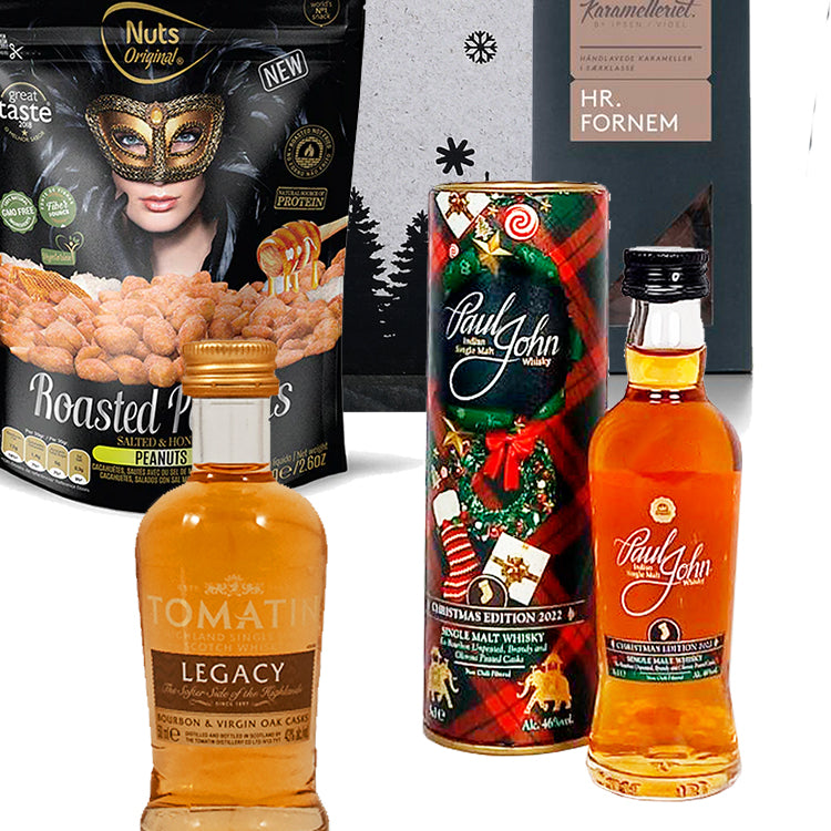 Adventskalender med whisky og snacks.